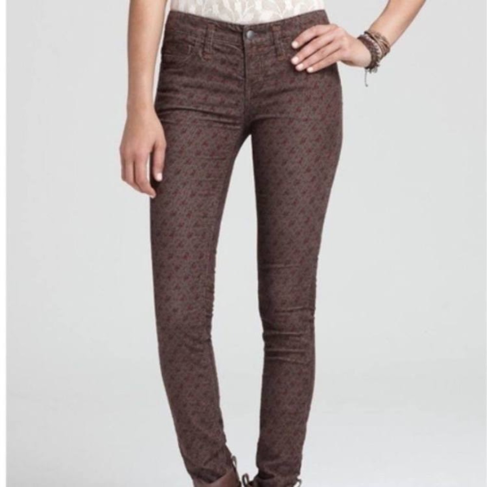 Free People Women's Skinny Jeans Brown Floral Print Corduroy
